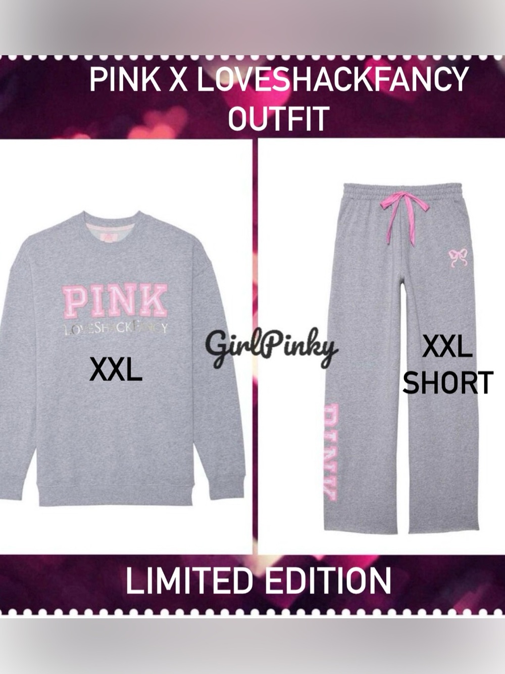PINK x LoveShackFancy Sweatpants & Sweatshirt IN HEATHER GREY XXL TOP/XXL SHORT